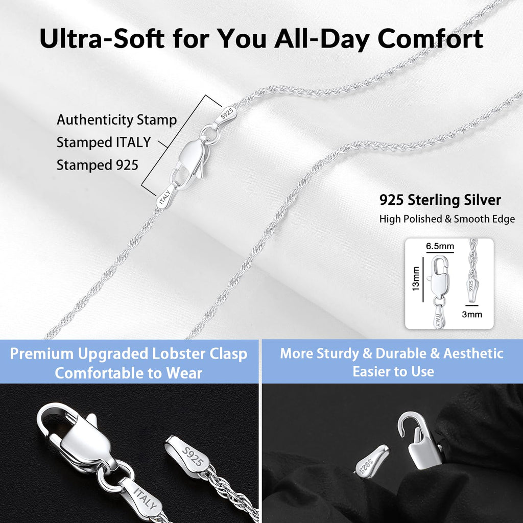 925 Sterling Silver Chain  Rope Chain 2MM 20"