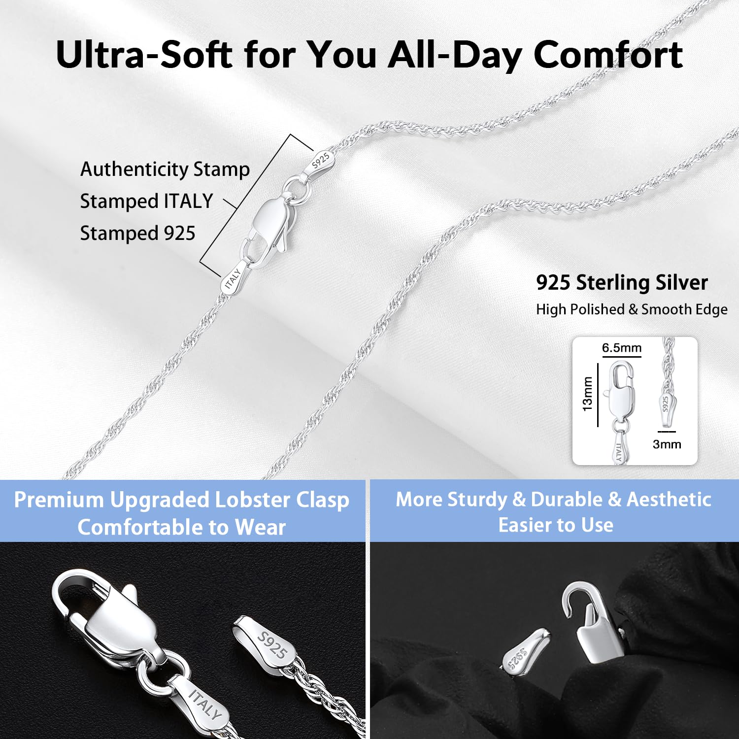 925 Sterling Silver Chain  Rope Chain 2MM 20"